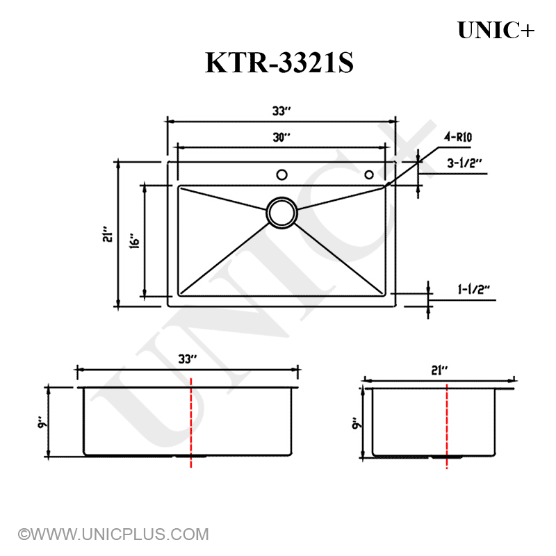 33 Inch Small Radius Stainless Steel Top Mount Kitchen Sink KTR3321S